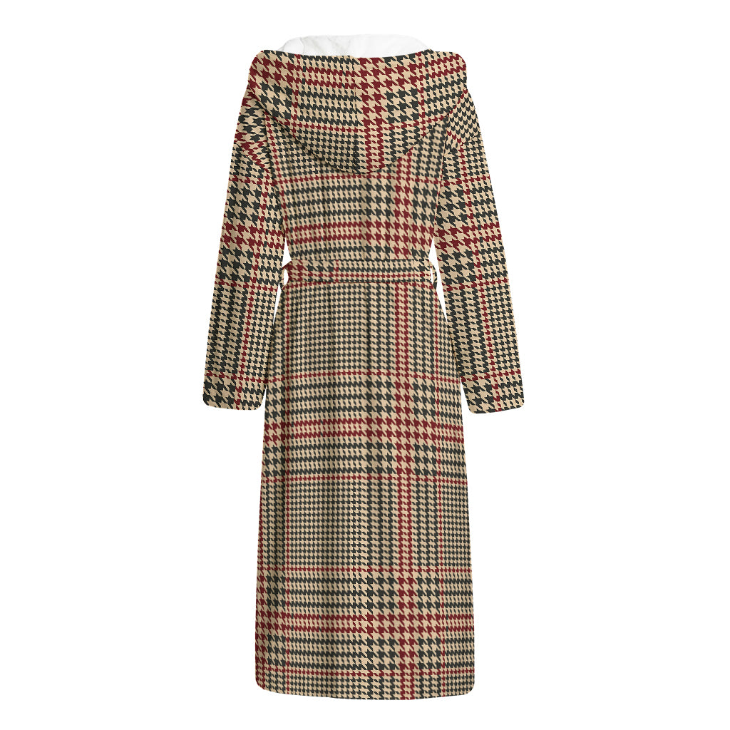 Brown Beige And Red Glen Plaid Print Hooded Bathrobe