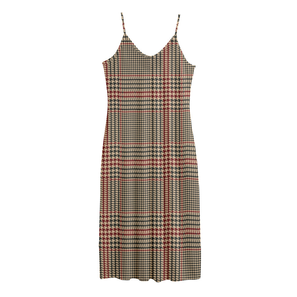 Brown Beige And Red Glen Plaid Print Jersey Midi Cami Dress