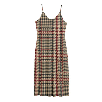 Brown Beige And Red Glen Plaid Print Jersey Midi Cami Dress