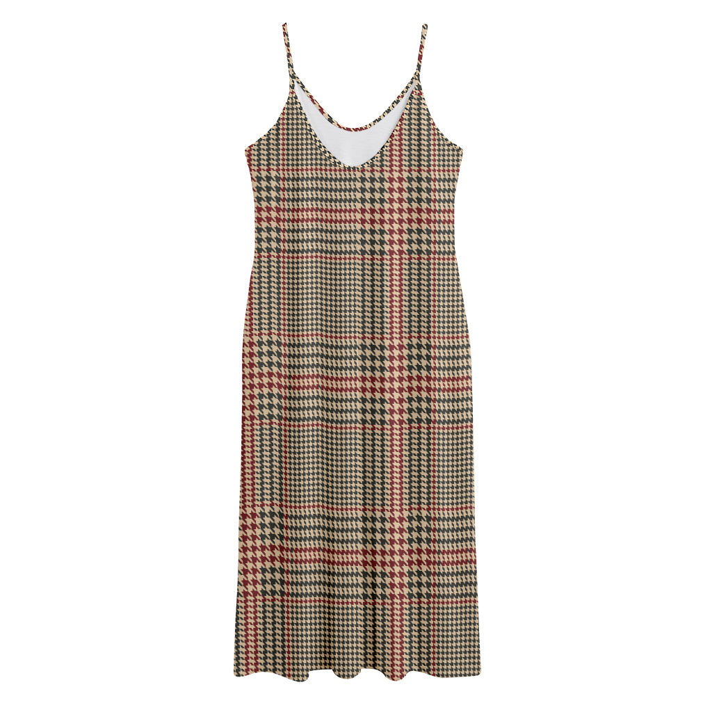 Brown Beige And Red Glen Plaid Print Jersey Midi Cami Dress