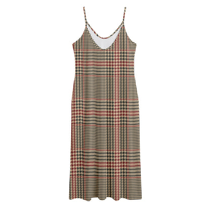 Brown Beige And Red Glen Plaid Print Jersey Midi Cami Dress