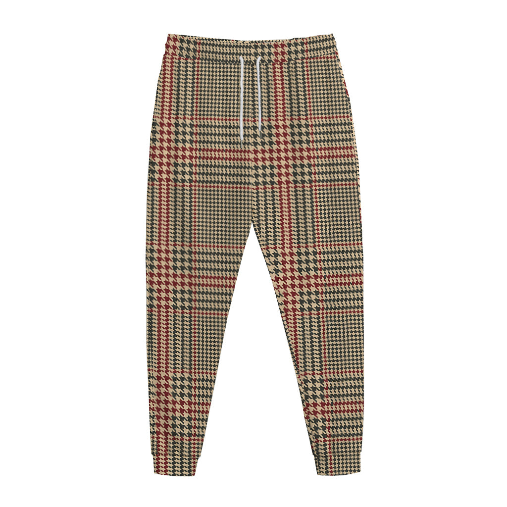 Brown Beige And Red Glen Plaid Print Jogger Pants