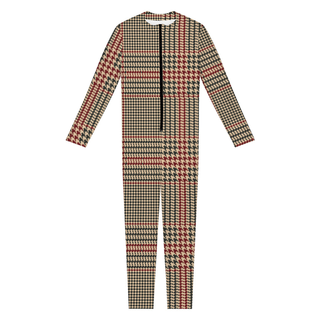 Brown Beige And Red Glen Plaid Print Jumpsuit