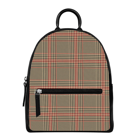 Brown Beige And Red Glen Plaid Print Leather Backpack