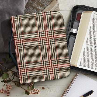 Brown Beige And Red Glen Plaid Print Leather Bible Cover
