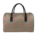 Brown Beige And Red Glen Plaid Print Leather Duffel Bag