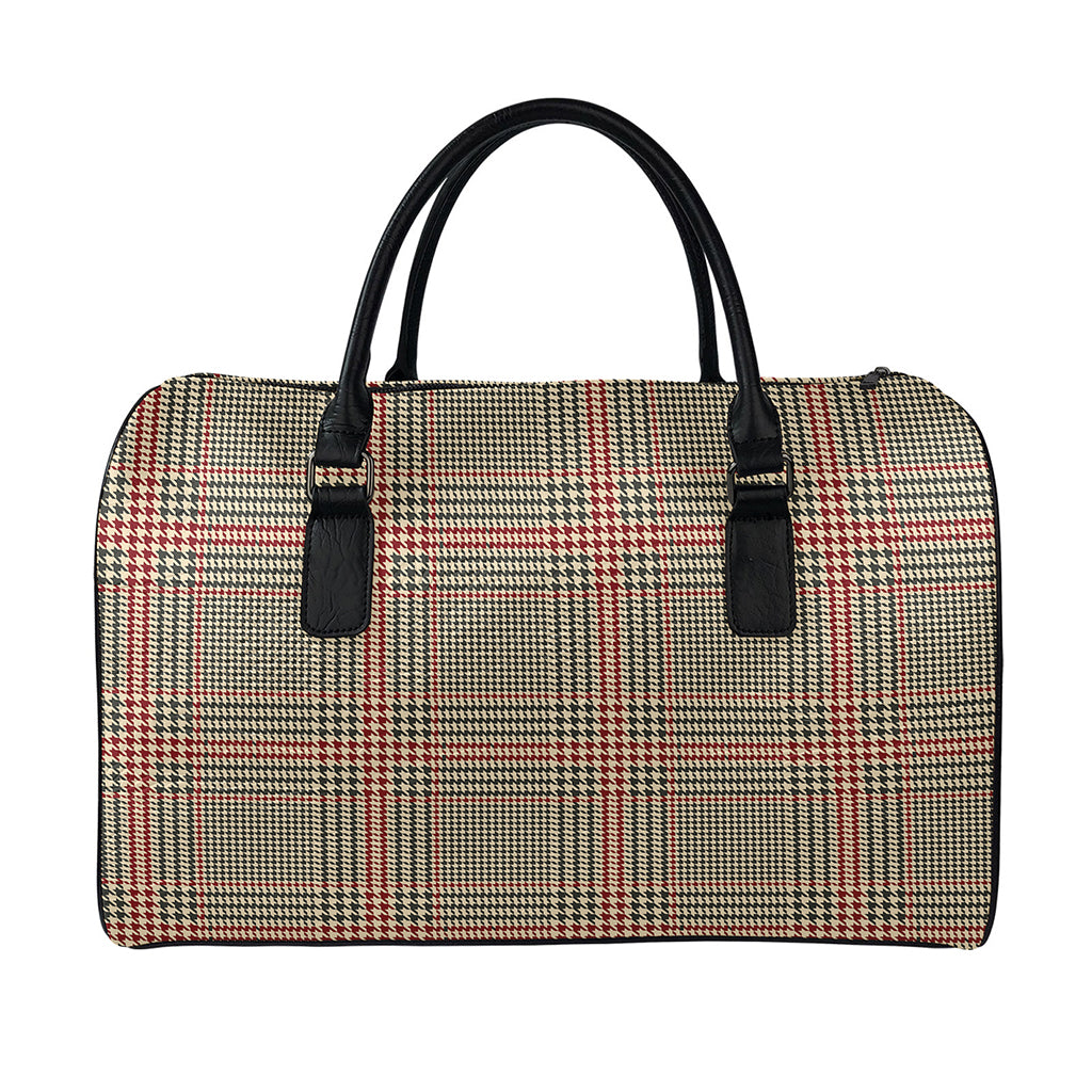 Brown Beige And Red Glen Plaid Print Leather Duffle Bag