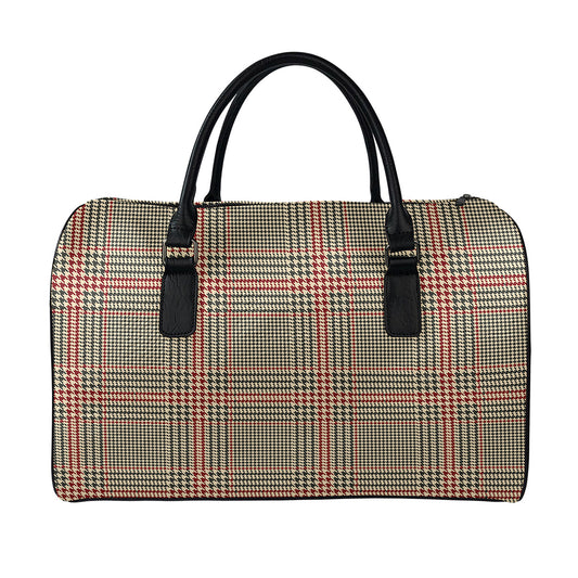 Brown Beige And Red Glen Plaid Print Leather Duffle Bag