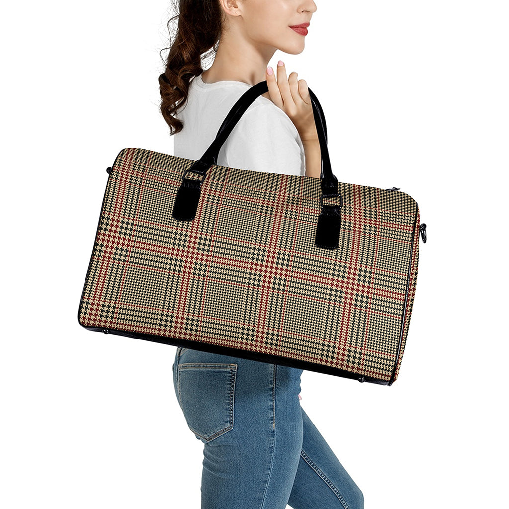 Brown Beige And Red Glen Plaid Print Leather Duffle Bag
