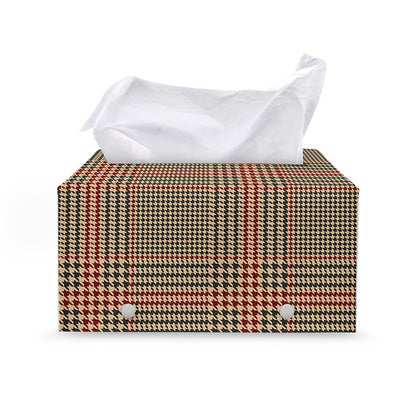 Brown Beige And Red Glen Plaid Print Leather Tissue Box Cover