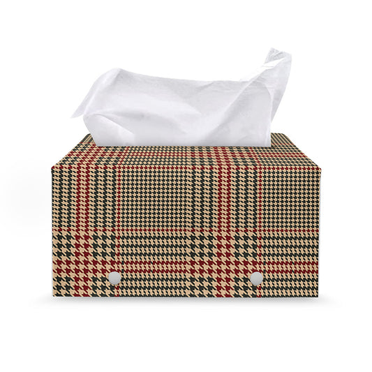 Brown Beige And Red Glen Plaid Print Leather Tissue Box Cover