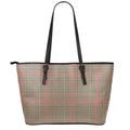 Brown Beige And Red Glen Plaid Print Leather Tote Bag With Zipper
