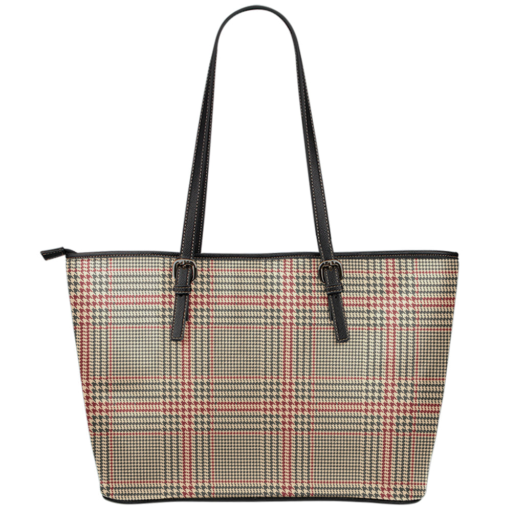 Brown Beige And Red Glen Plaid Print Leather Tote Bag