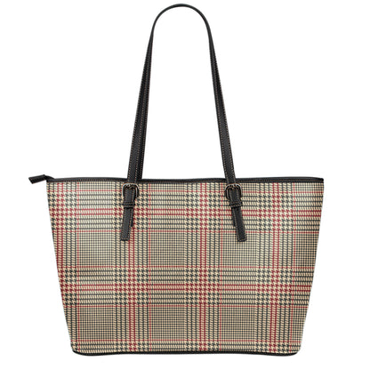 Brown Beige And Red Glen Plaid Print Leather Tote Bag