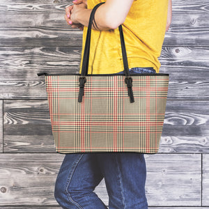 Brown Beige And Red Glen Plaid Print Leather Tote Bag