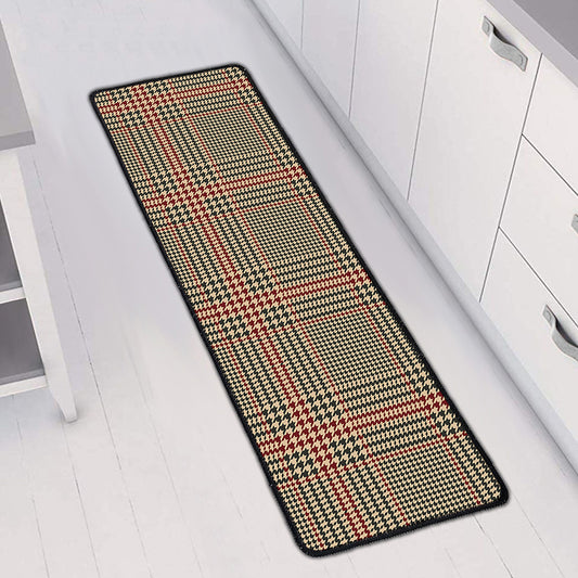 Brown Beige And Red Glen Plaid Print Long Kitchen Mat