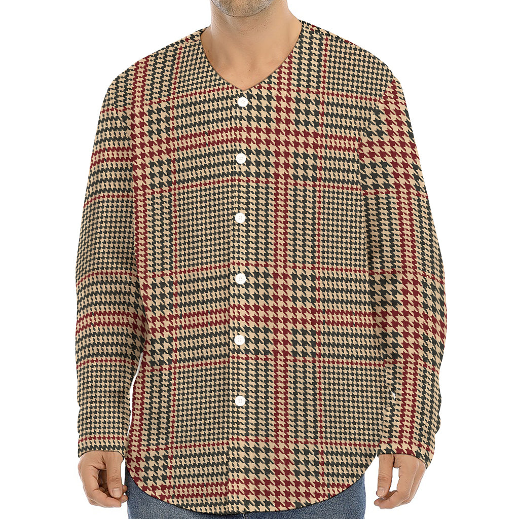 Brown Beige And Red Glen Plaid Print Long Sleeve Baseball Jersey
