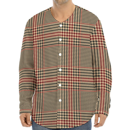 Brown Beige And Red Glen Plaid Print Long Sleeve Baseball Jersey