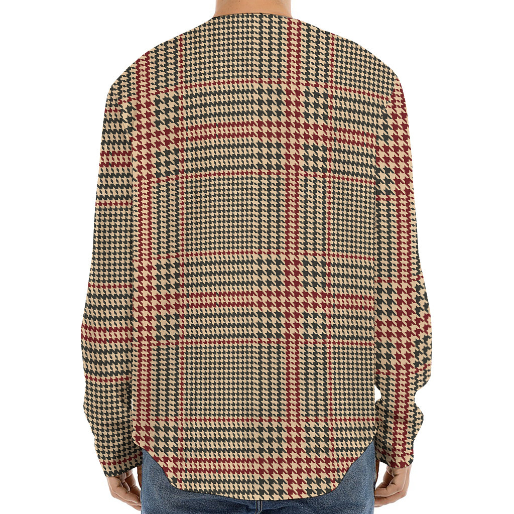 Brown Beige And Red Glen Plaid Print Long Sleeve Baseball Jersey
