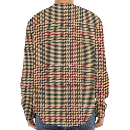 Brown Beige And Red Glen Plaid Print Long Sleeve Baseball Jersey