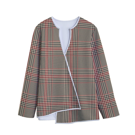 Brown Beige And Red Glen Plaid Print Long Sleeve Short Coat