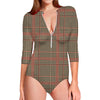Brown Beige And Red Glen Plaid Print Long Sleeve Swimsuit