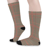 Brown Beige And Red Glen Plaid Print Long Socks