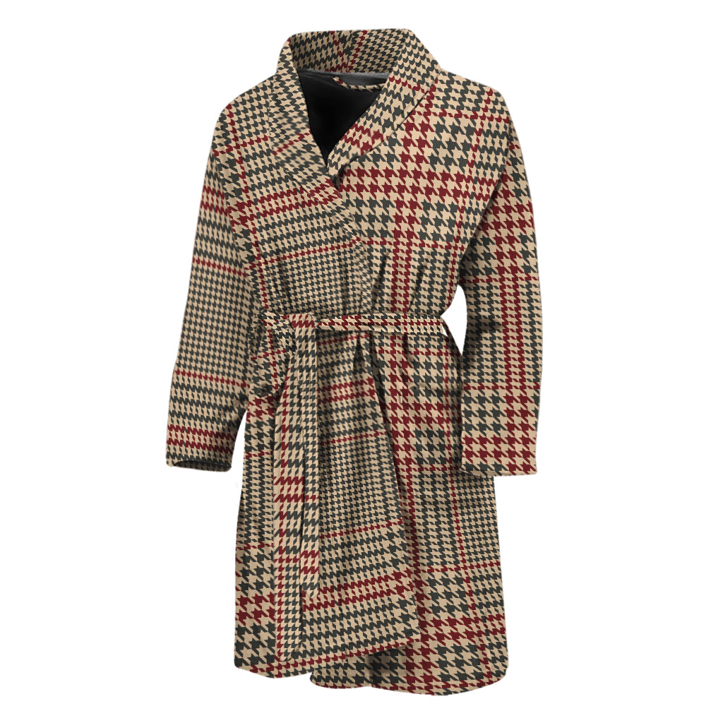 Brown Beige And Red Glen Plaid Print Men's Bathrobe