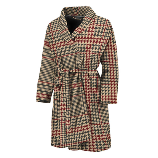 Brown Beige And Red Glen Plaid Print Men's Bathrobe