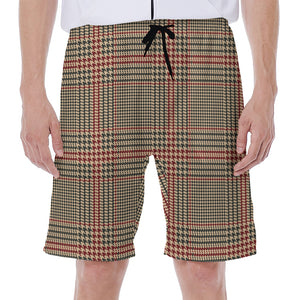 Brown Beige And Red Glen Plaid Print Men's Beach Shorts