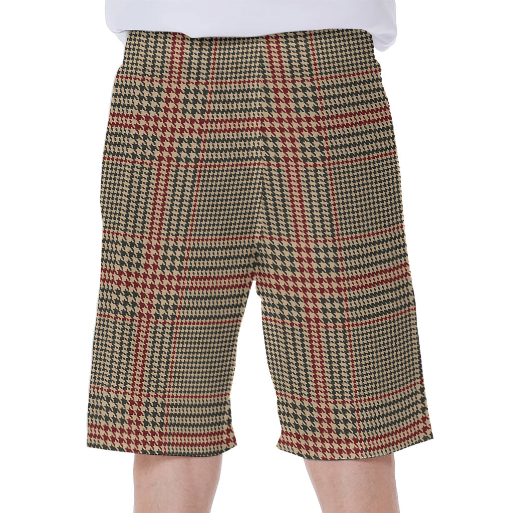 Brown Beige And Red Glen Plaid Print Men's Beach Shorts