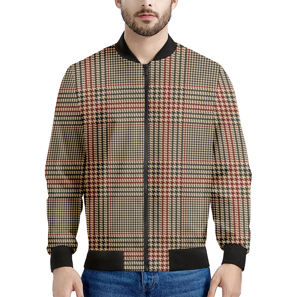 Brown Beige And Red Glen Plaid Print Men's Bomber Jacket