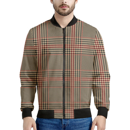 Brown Beige And Red Glen Plaid Print Men's Bomber Jacket