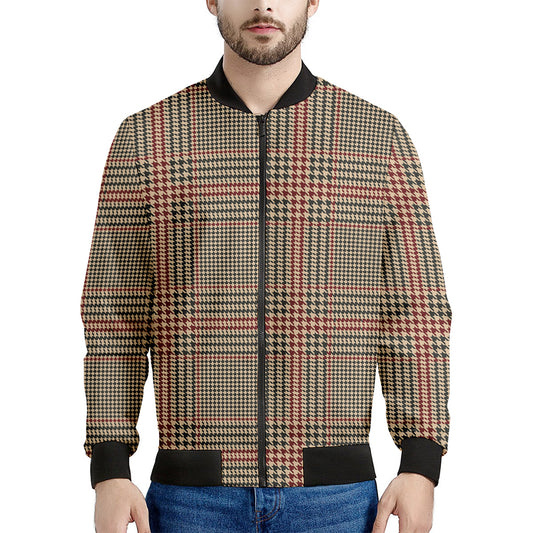 Brown Beige And Red Glen Plaid Print Men's Bomber Jacket