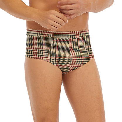Brown Beige And Red Glen Plaid Print Men's Briefs