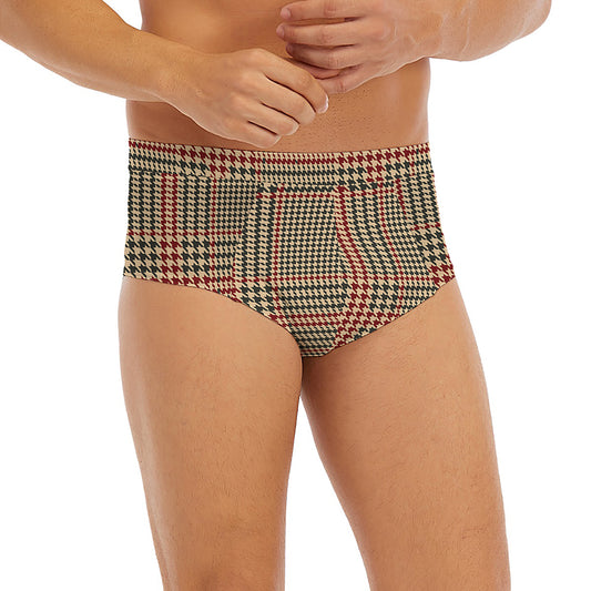 Brown Beige And Red Glen Plaid Print Men's Briefs