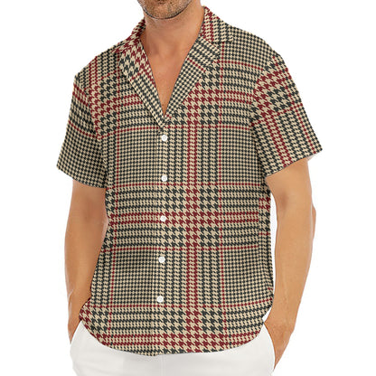 Brown Beige And Red Glen Plaid Print Men's Deep V-Neck Shirt