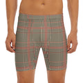 Brown Beige And Red Glen Plaid Print Men's Long Boxer Briefs