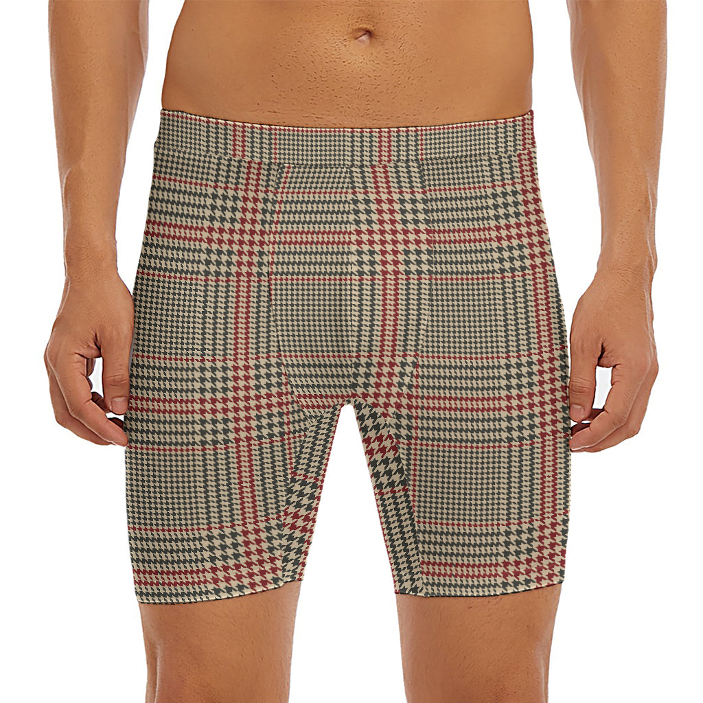 Brown Beige And Red Glen Plaid Print Men's Long Boxer Briefs