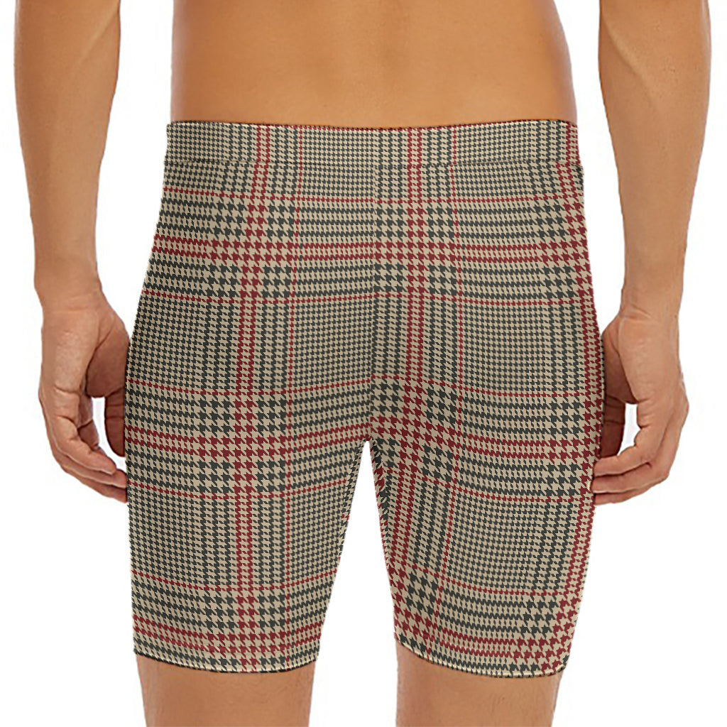 Brown Beige And Red Glen Plaid Print Men's Long Boxer Briefs