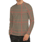 Brown Beige And Red Glen Plaid Print Men's Long Sleeve Rash Guard