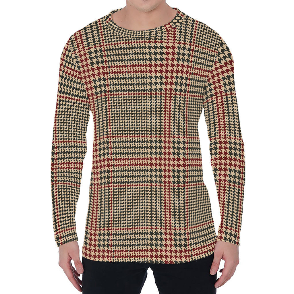 Brown Beige And Red Glen Plaid Print Men's Long Sleeve T-Shirt