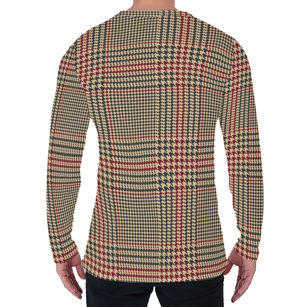 Brown Beige And Red Glen Plaid Print Men's Long Sleeve T-Shirt