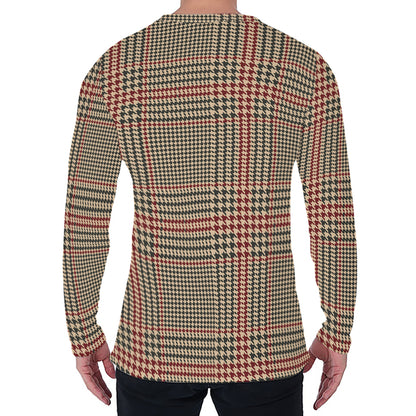 Brown Beige And Red Glen Plaid Print Men's Long Sleeve T-Shirt