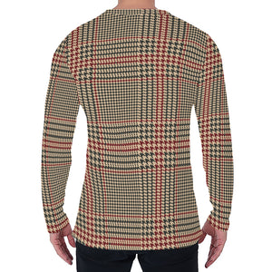 Brown Beige And Red Glen Plaid Print Men's Long Sleeve T-Shirt