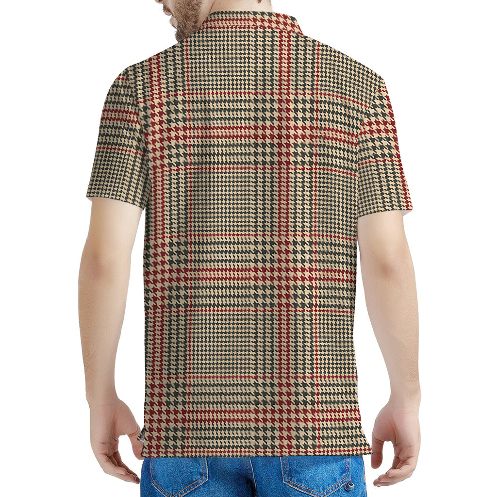 Brown Beige And Red Glen Plaid Print Men's Polo Shirt