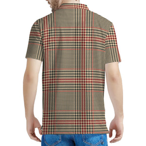 Brown Beige And Red Glen Plaid Print Men's Polo Shirt