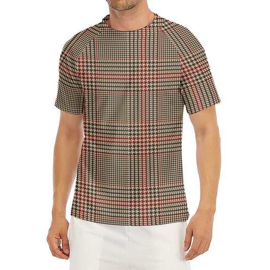 Brown Beige And Red Glen Plaid Print Men's Short Sleeve Rash Guard
