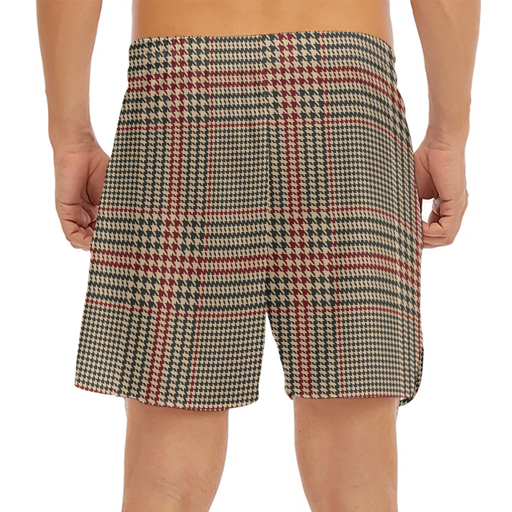 Brown Beige And Red Glen Plaid Print Men's Split Running Shorts