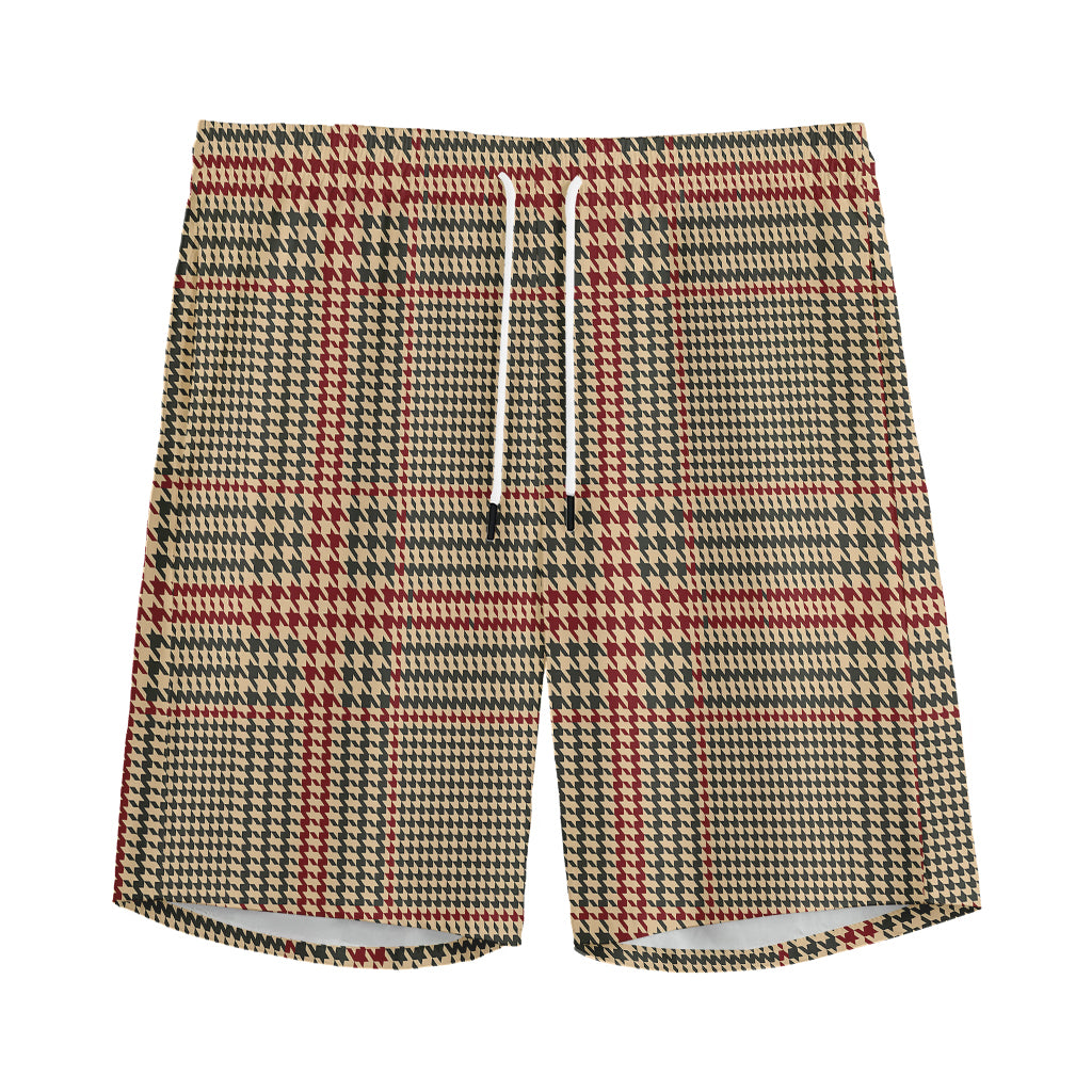 Brown Beige And Red Glen Plaid Print Men's Sports Shorts
